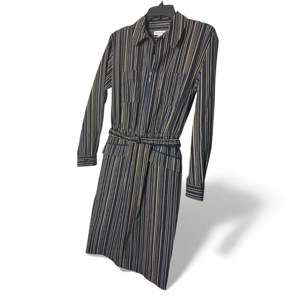 Calvin Klein Womens Black Tan Stripe Zip Up Collar Long Sleeve Sheath Dress Sz 4 - Picture 3 of 12